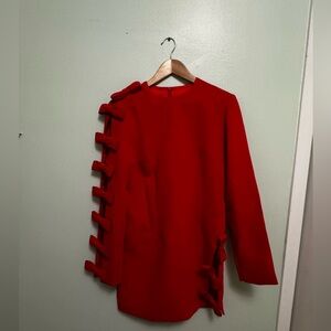 Red Long Sleeve Dress with Bow Accents